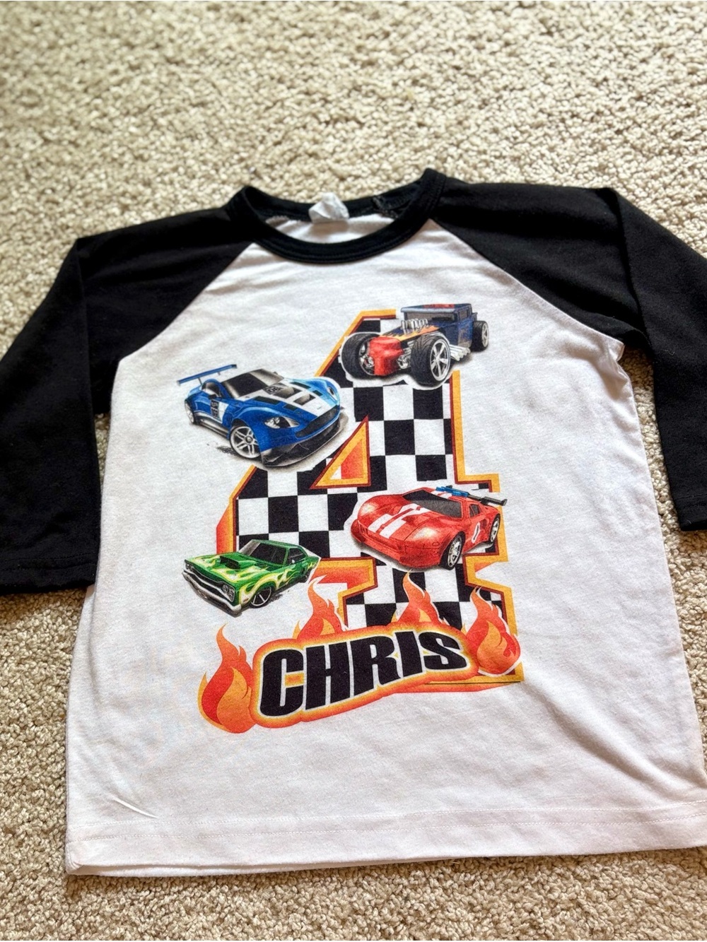 Toddler Boys Black & White Racing Cars Kids Tee with Custom Name CHRIS